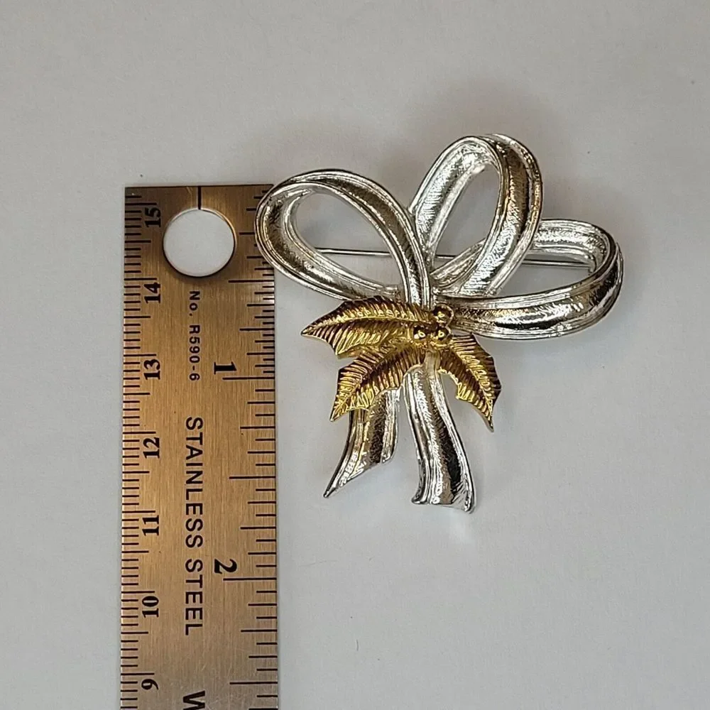Holiday Christmas Ribbon Bow Silver-Tone with Gold-Tone Leaf Brooch Pin